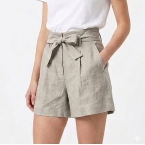 M ZARA 100% Linen High-Waisted Belted Shorts Natural Tan